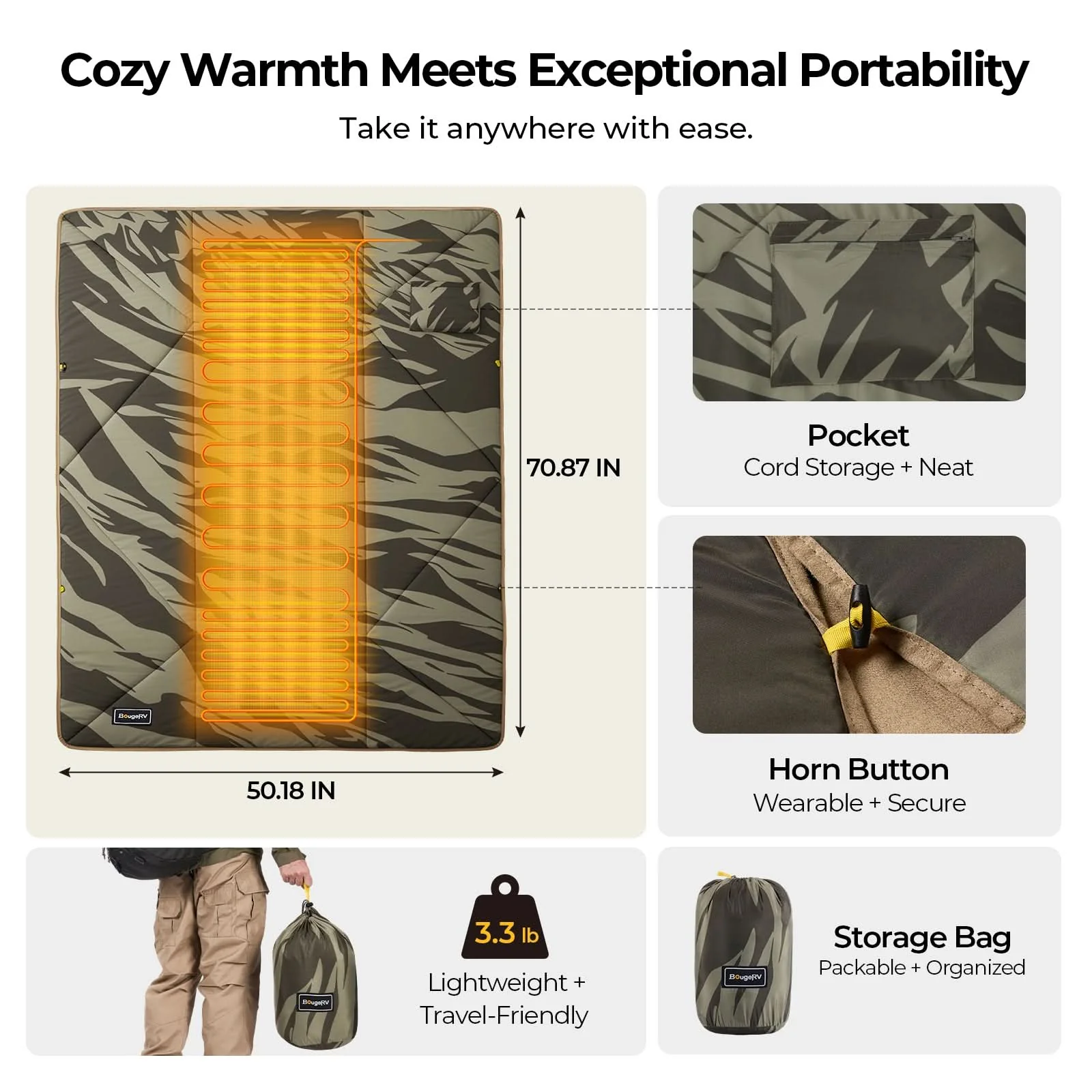 BougeRV 12V Outdoor Heated Blanket-5 Heat Settings, APP Remote Control(Green) - Image 10