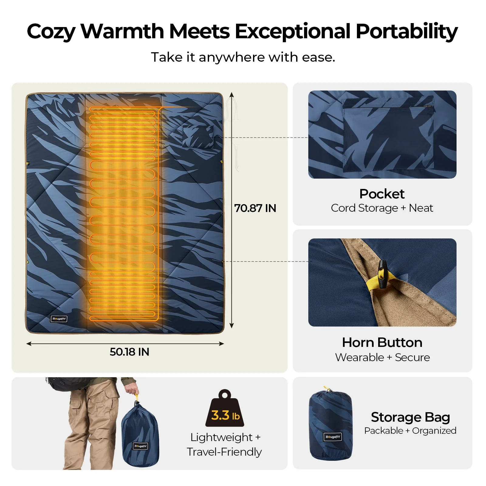 BougeRV 12V Outdoor Heated Blanket-5 Heat Settings, APP Remote Control(Blue) - Image 10
